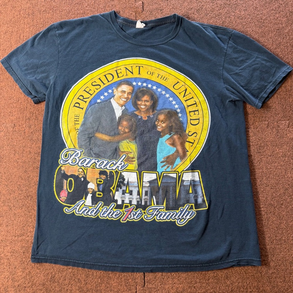 A+ Vintage Barack Obama and the 1st Family Graphic T-Shirt Navy Blue Mens XL